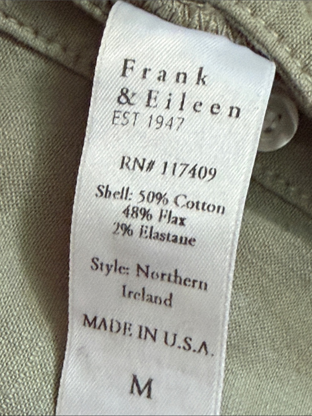 Frank & Eileen sage green Northern Ireland linen jumpsuit. Size Medium. - Picture 5 of 12